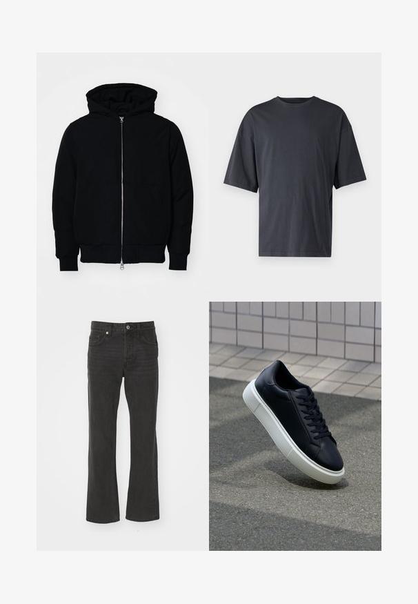 Zwarte hoodie met rits aan de voorkant, kangoeroe-pocket, geribbelde manchetten en zoom, weergegeven op een effen witte achtergrond.; Donkergrijs T-shirt met korte mouwen, gemaakt van lichtgewicht katoen, met een losse pasvorm en een klassieke ronde hals, met een effen textuur en zonder patronen.; Zwarte, rechtlopende jeans van denim met een klassieke vijf-pocketontwerp en metalen hardware. Soepele textuur met een lichte rek.; Zwarte leren sneaker met een ronde neus en een witte rubberen zool. Voorzien van platte veters en minimale stiksels op het bovenwerk. Textuurrijke zool voor grip.