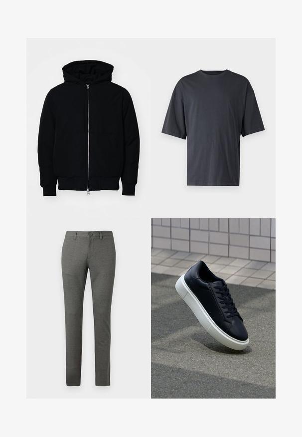 Zwarte hoodie met rits aan de voorkant, kangoeroe-pocket, geribbelde manchetten en zoom, weergegeven op een effen witte achtergrond.; Donkergrijs T-shirt met korte mouwen, gemaakt van lichtgewicht katoen, met een losse pasvorm en een klassieke ronde hals, met een effen textuur en zonder patronen.; Grijze op maat gemaakte broek met een gestructureerde afwerking, slim fit ontwerp, voorzakken en een enkele knoopsluiting in de taille.; Zwarte leren sneaker met een ronde neus en een witte rubberen zool. Voorzien van platte veters en minimale stiksels op het bovenwerk. Textuurrijke zool voor grip.