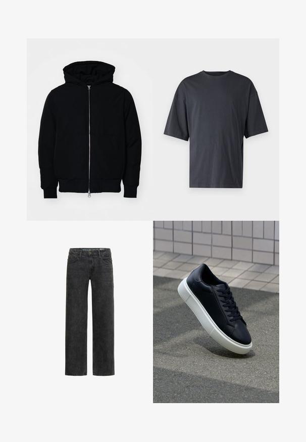Schwarze Kapuzenjacke mit Frontreißverschluss, Kängurutasche, gerippten Bündchen und Saum, auf einem schlichten weißen Hintergrund präsentiert.; Dunkelgraues Kurzarm-T-Shirt aus leichtem Baumwollmaterial, mit lockerer Passform und klassischem Rundhalsausschnitt, in einfarbigem Design ohne Muster.; Schwarze Jeans aus Denim mit einem entspannten Schnitt, geraden Beinen, fünf Taschen und einer subtilen, ausgewaschenen Textur. Mit einem Knopf- und Reißverschluss.; Schwarze Leder-Sneaker mit runder Zehenpartie und weißer Gummisohle. Verfügt über flache Schnürsenkel und minimale Nähte im Obermaterial. Strukturiertes Sohlenprofil für besseren Halt.