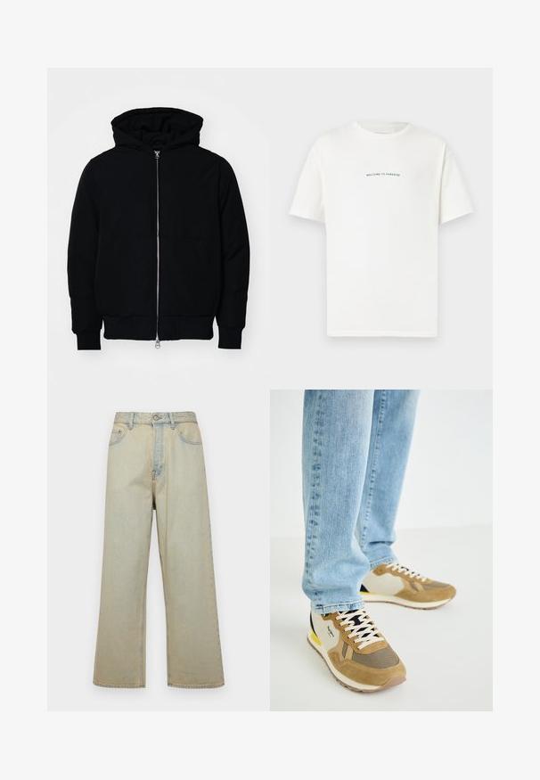 Černá kapucňová bunda s předním zipem, klokaní kapsou, vroubkovanými manžetami a spodním lemem, vystavená na čistém bílém pozadí.; Bílý bavlněný tričko s krátkým rukávem a kulatým výstřihem. Uprostřed je napsáno "VÍTÁME V RÁJI" křivým zeleným písmem.; Světle modré široké džíny vyrobené z denimu s vybledlým vzhledem. Obsahují pět kapes a přední zapínání na knoflík.; Sněhily v odstínech tan a krémové barvy s materiály z síťoviny a semiše, zdobené vzorovanou špičkou, kontrastními námořnickými akcenty a texturovanou podrážkou.