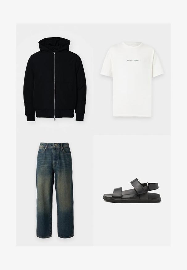Sort hættejakke med frontlynlås, kængurulomme, ribbede manchetter og kant, præsenteret på en ensfarvet hvid baggrund.; Hvid bomulds t-shirt med korte ærmer og rund hals. Centreret tekst med teksten "VELKOMMEN TIL PARADIS" i en buet grøn skrifttype.; Blå denimjeans med lige snit, der har et falmet design med lysere nuancer mod nederkanten, fem lommer og en knaplukning.; Sorte lædersandaler har to brede remme over foden, en justerbar hælrem og en tekstureret gummisål for godt greb.