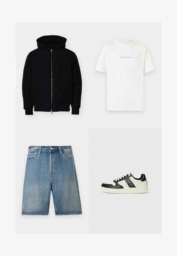 Veste à capuche noire avec fermeture éclair sur le devant, poche kangourou, poignets et ourlet côtelés, présentée sur un fond blanc uni.; T-shirt en coton blanc à manches courtes et col rond. Le texte centré indique "BIENVENUE AU PARADIS" en une police verte courbée.; Shorts en denim bleu clair, avec un design classique à cinq poches, fermeture à bouton, coupe droite et une finition légèrement délavée.; Baskets en cuir avec un schéma de couleurs noir et crème, dotées d'accents perforés, d'un col rembourré et d'une semelle texturée.