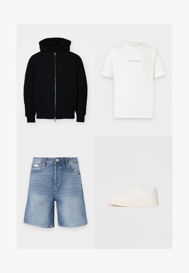 Black hooded jacket with front zipper, kangaroo pocket, ribbed cuffs, and hem, displayed on a plain white background.; White cotton t-shirt with short sleeves and a crew neck. Centered text reads "WELCOME TO PARADISE" in a curved green font.; Denim shorts in light blue, featuring a classic cut, five-pocket design, and contrasting stitching. Material is smooth with a slight fade.; White slip-on sneakers with a textured surface, a thick sole, and minimalistic design. Features brand logo on the side.