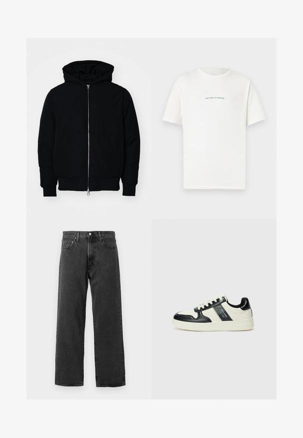 Mustaga kapuutsiga jakk, millel on esineed, kenguru tasku, soonikkoes, ja alläär, esitatud lihtsal valgel taustal.; Valge puuvillane T-särk lühikeste varrukatega ja ümar kaelus. Keskel on tekst "TERE TULEMA PARADISSE" kaardus rohelises fondis.; Mustad denim püksid sirge sääre disainiga, viie taskuga stiilis ja klassikalise nööp sulgemisega. Omab peent tekstuuriga kangast.; Nahatud nahkkingad musta ja kreemi värviskeemiga, millel on perforeeritud aktsendid, pehme krae ja tekstureeritud tallad.