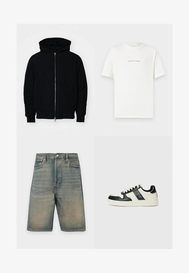 Svart hettejakke med frontglidelås, kengurulomme, ribbestrikket mansjetter og søm, vist på en ensfarget hvit bakgrunn.; Hvit bomull t-skjorte med korte ermer og rund hals. Midt på t-skjorten står teksten "VELKOMMEN TIL PARADIS" i en buet grønn skrift.; Jeanshorts, falmet blå farge, høyt liv-design, fem-lomme stil, med metallbeslag og synlige sømmer.; Lædersneakers med sort og creme farveskema, der har perforerede detaljer, en polstret krave og en struktureret ydersål.