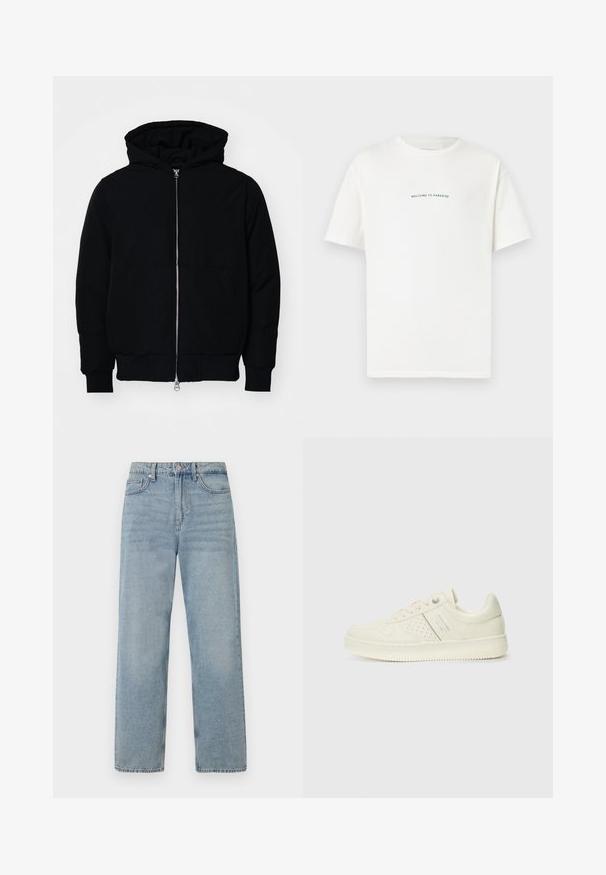 Black hooded jacket with front zipper, kangaroo pocket, ribbed cuffs, and hem, displayed on a plain white background.; White cotton t-shirt with short sleeves and a crew neck. Centered text reads "WELCOME TO PARADISE" in a curved green font.; Light blue denim jeans with a high waist, straight leg design, five-pocket styling, and subtle fading for a worn effect.; Cream-colored sneaker with perforated detailing, laces, and logo on the side, displayed against a plain white background.