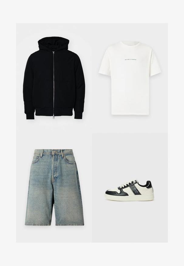 Crna kapuška jakna s prednjim zatvaračem, kenguru džepom, rebrastim manžetama i rubom, prikazana na običnoj bijeloj pozadini.; Bjela pamučna majica s kratkim rukavima i okruglim izrezom. U središtu se nalazi natpis "DOBRODOŠLI U RAJ" u zakrivljenom zelenom fontu.; Svijetloplave traper šortse s opuštenim krojem, koji imaju pet džepova, prednje zatvaranje na dugme i neujednačenu donju ivicu.; Kožne tenisice s crno-bijelom paletom boja, koje imaju perforirane akcentne detalje, podstavljeni ovratnik i teksturiranu potplat.