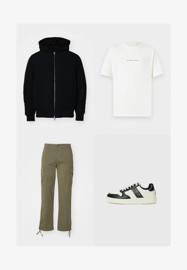 Black hooded jacket with front zipper, kangaroo pocket, ribbed cuffs, and hem, displayed on a plain white background.; White cotton t-shirt with short sleeves and a crew neck. Centered text reads "WELCOME TO PARADISE" in a curved green font.; Olive green cargo pants with a straight leg design, featuring two side pockets and adjustable ties at the cuffs. Made of durable fabric.; Leather sneakers with a black and cream color scheme, featuring perforated accents, a padded collar, and a textured outsole.