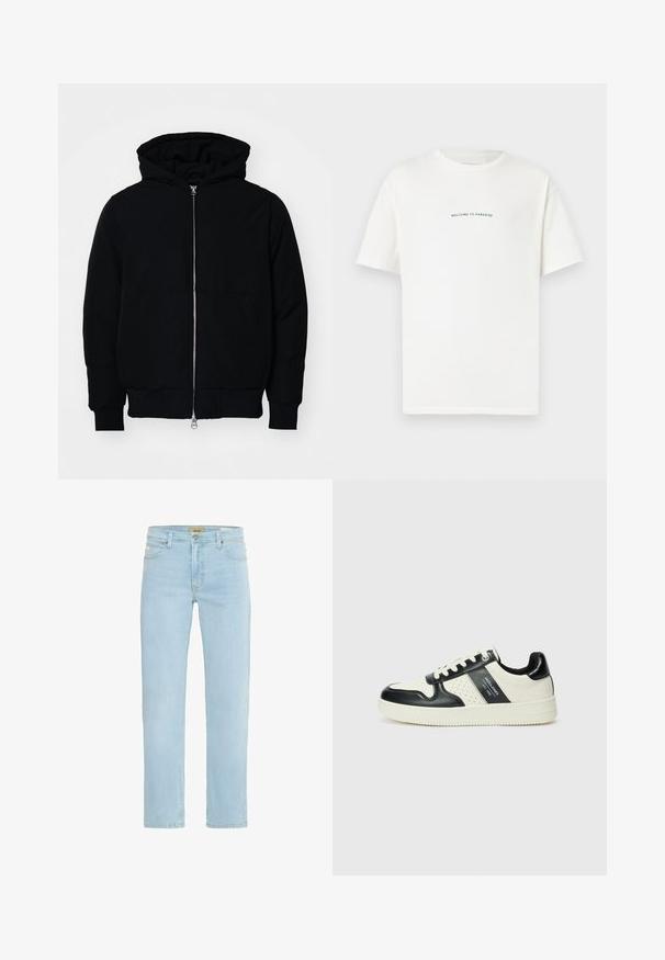 Juodas gobtuvėlis su priekiniu užtrauktuku, kengūros tipo kišene, lygiais rankogaliais ir apvadu, pateiktas ant vientiso balto fono.; Balta medvilninė marškinėliai trumpomis rankovėmis ir apvaliu iškirpimu. Viduryje esantis tekstas sako "SVEIKI ATVYKĘ Į PARADISĄ" kreiptu žaliu šriftu.; Šviesiai mėlynos džinsinės kelnės su tiesiu kirpimu, tradiciniu penkių kišenių dizainu ir žalvariniu mygtuku bei užtrauktuku priekyje.; Odiniai sportbačiai juodos ir kreminės spalvų schemoje, su perforuotais akcentais, paminkštinta apykakle ir tekstūruotu padu.