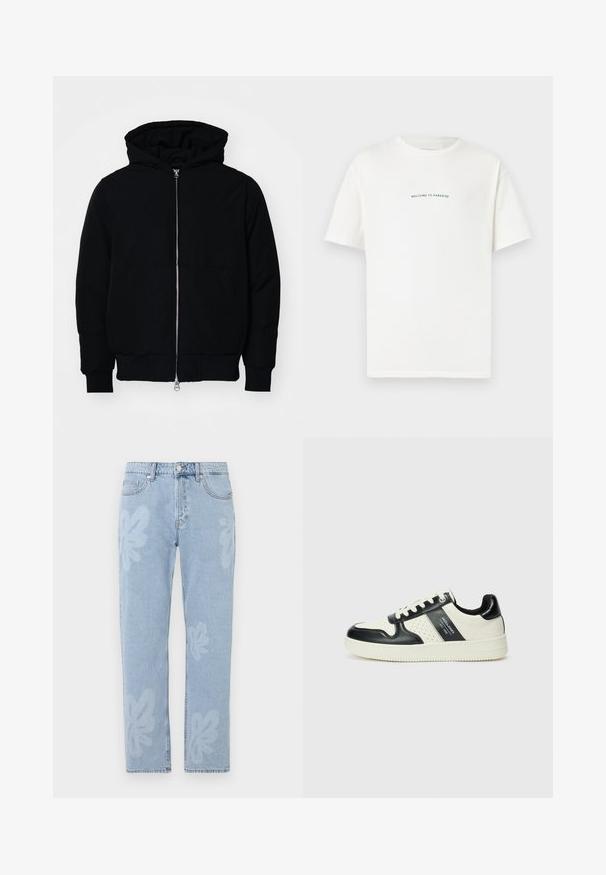 Jachetă neagră cu glugă, cu fermoar în față, buzunar tip kangaroo, mansete și tiv ribbed, prezentată pe un fundal alb simplu.; Tricou alb din bumbac, cu mâneci scurte și guler rotund. Textul centrat spune "BINE AȚI VENIT ÎN PARADIS" într-o font verde curbat.; Jeans din denim de un albastru deschis, cu motive florale și croială dreaptă. Talie standard cu închidere prin buton și cinci buzunare.; Tenisi din piele cu un scheme de culori negru și crem, dotati cu accente perforate, guler căptușit și o talpă texturată.
