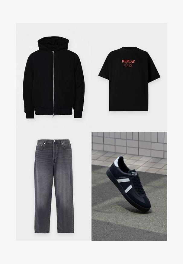 Giacca nera con cappuccio, dotata di zip frontale, tasca a marsupio, polsini e orlo a coste, esposta su uno sfondo bianco semplice.; T-shirt in cotone nero con maniche corte, collo rotondo, caratterizzato da un logo rosso "REPLAY" e simboli allineati centralmente sul petto.; Jeans in denim grigio scuro con un design a gamba dritta, cinque tasche e accessori in metallo. Il tessuto ha una trama sottile e accenti sbiaditi.; Sneaker neri in pelle con strisce bianche, suola in gomma texturizzata e allacciatura frontale. Presenta un'etichetta con il marchio sulla linguetta.
