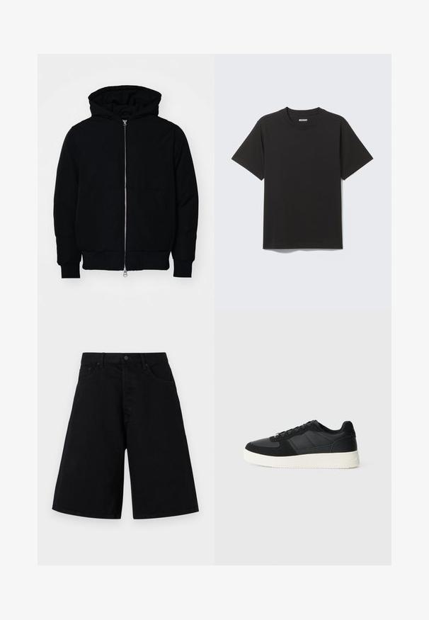 Black hooded jacket with front zipper, kangaroo pocket, ribbed cuffs, and hem, displayed on a plain white background.; Black short-sleeve T-shirt made of soft cotton, featuring a round neckline and simple design without patterns or accents.; Black denim shorts with a relaxed fit, featuring a classic five-pocket design and button closure, smooth texture, and straight leg cut.; Black low-top sneaker with textured leather and suede panels, white rubber sole, and black laces on a plain light background.