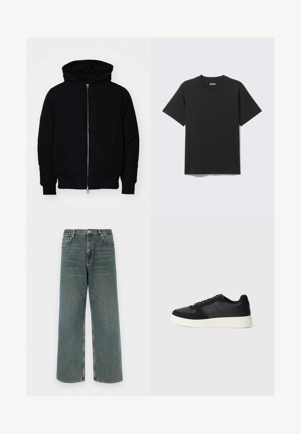 Black hooded jacket with front zipper, kangaroo pocket, ribbed cuffs, and hem, displayed on a plain white background.; Black short-sleeve T-shirt made of soft cotton, featuring a round neckline and simple design without patterns or accents.; Wide-leg denim jeans in faded blue, featuring five-pocket design, button closure, and contrast stitching. Textured, with a slight worn appearance.; Black low-top sneaker with textured leather and suede panels, white rubber sole, and black laces on a plain light background.