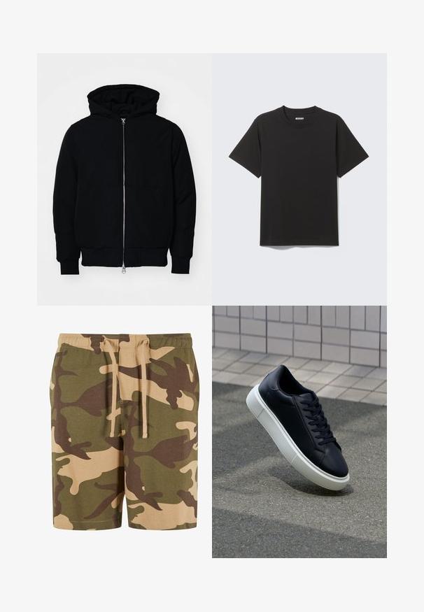Svart huoodiejacka med framdragkedja, känguruficka, ribbade ärmslut och nederkant, uppställd mot en vit bakgrund.; Svart T-shirt med kort ärm i mjuk bomull, med rund halsringning och enkel design utan mönster eller detaljer.; Kamofärgade shorts i bomullsblandning med mönster i grönt, brunt och beige. Har en elastisk midja med dragsko. Avslappnad passform och knälång design.; Svart lädersneaker med rundad tå och vit gummisula. Har platta snören och minimal sömnad på ovansidan. Texturerad sula för grepp.