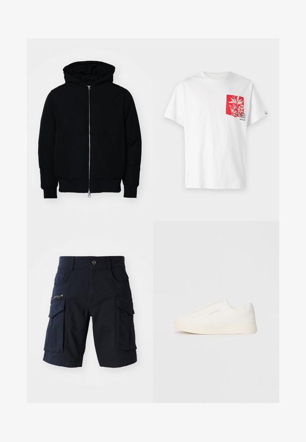 Giacca nera con cappuccio, dotata di zip frontale, tasca a marsupio, polsini e orlo a coste, esposta su uno sfondo bianco semplice.; T-shirt bianco in cotone con taschino rosso decorato con un design floreale e testo. Maniche corte, collo rotondo e vestibilità morbida.; Pantaloni cargo navy con numerose tasche, inclusa una tasca laterale con zip, tessuto resistente, taglio dritto e design a lunghezza ginocchio.; Sneakers bianchi slip-on con superficie texturizzata, suola spessa e design minimalista. Presentano il logo del marchio sul lato.