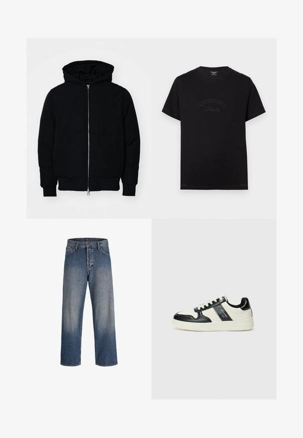 Chaqueta negra con capucha, cierre frontal, bolsillo tipo canguro, y puños y dobladillo acanalados, exhibida sobre un fondo blanco liso.; Camiseta de algodón negra de manga corta y escote redondo. Presenta "ORIGINALS Studio" en relieve con letras a tono en el frente.; Jeans de mezclilla azules con un corte holgado, que presentan un diseño desgastado, cinco bolsillos, presillas para cinturón y un cierre de botón y cremallera.; Zapatillas de cuero con un esquema de colores negro y crema, que cuentan con acentos perforados, un collar acolchado y una suela texturizada.