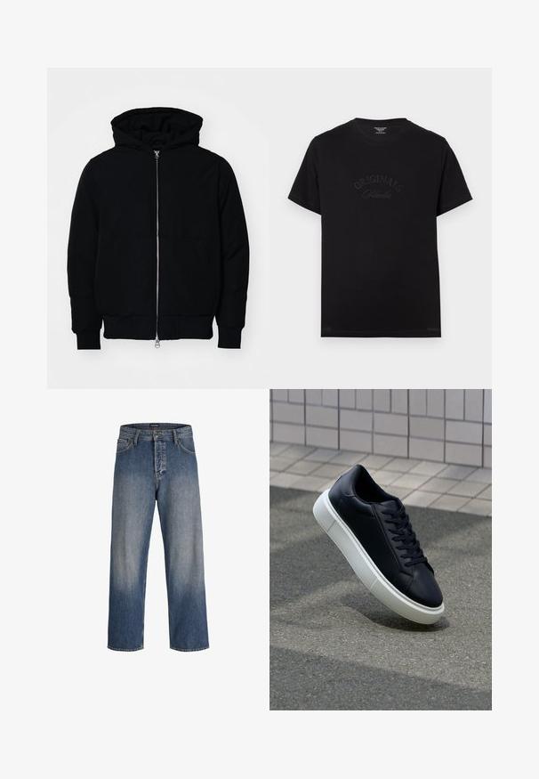 Melna kapucēta jaka ar priekšējo rāvējslēdzēju, kenguru kabatu, ribinātām aprocēm un apakšmalu, parādīta uz vienkārša balta fona.; Melnas kokvilnas T-krekls ar īsām piedurknēm un apaļu izgriezumu. Priekšpusē ir izceltas ar tonālām burtiem "ORIGINALS Studio".; Zils denims ar brīvu piegriezumu, ar nolietotu dizainu, piecām kabatām, jostu cilpām un pogu un rāvējslēdzēju aizdari.; Melnas ādas kedas ar noapaļotu pirkstu un baltu gumijas zoli. Iespējas - plakanas šņorītes un minimāla apdare augšdaļā. Struktūrēta zole, lai nodrošinātu saķeri.