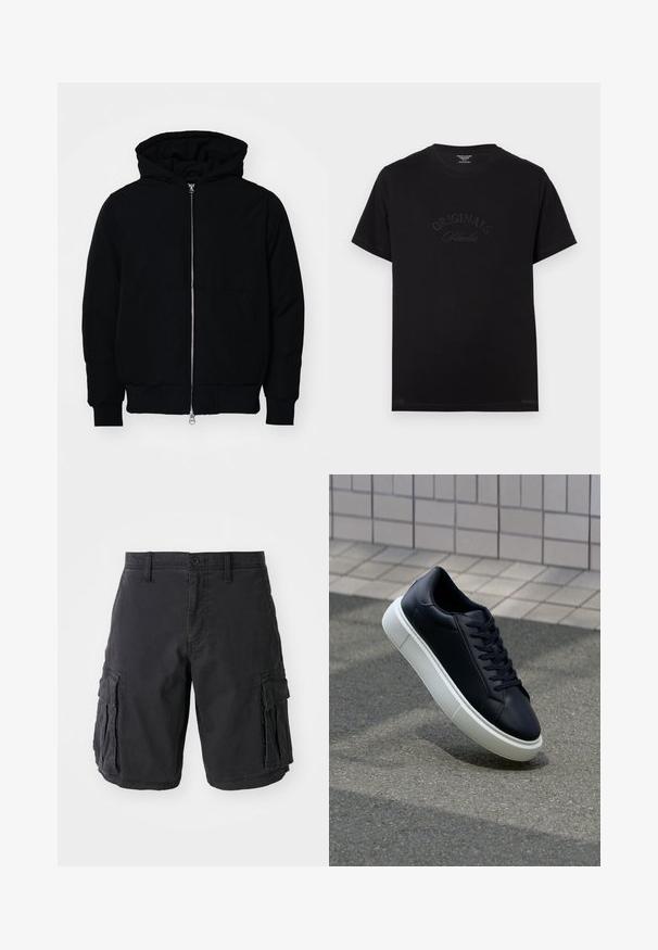 Schwarze Kapuzenjacke mit Frontreißverschluss, Kängurutasche, gerippten Bündchen und Saum, auf einem schlichten weißen Hintergrund präsentiert.; Schwarzes Baumwoll-T-Shirt mit kurzen Ärmeln und rundem Halsausschnitt. Auf der Vorderseite befindet sich der Schriftzug "ORIGINALS Studio" in eingeprägten, tonalen Buchstaben.; Schwarze Cargo-Shorts aus Baumwolle, mit mehreren Seiten Taschen, einem Knopfverschluss und einer lockeren Passform. Glatte Textur und robuste Nähte.; Schwarze Leder-Sneaker mit runder Zehenpartie und weißer Gummisohle. Verfügt über flache Schnürsenkel und minimale Nähte im Obermaterial. Strukturiertes Sohlenprofil für besseren Halt.