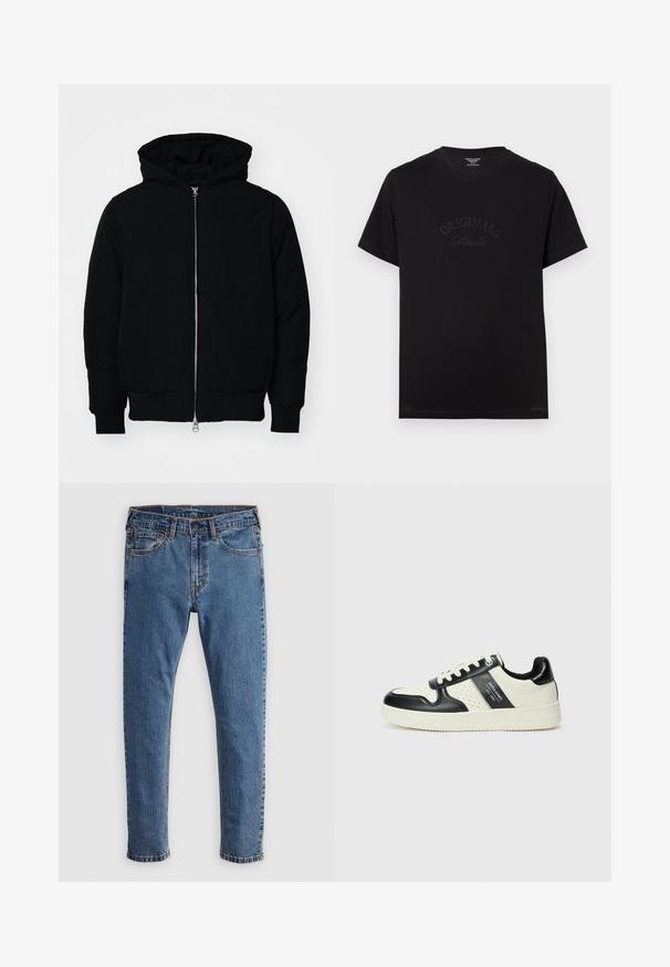 Črna kapuca jakna s sprednjim zadrgo, kenguru žepom, rebrastimi manšetami in hemom, razstavljena na enostavni beli ozadju.; Črna bombažna majica s kratkimi rokavi in okroglo izrezom. Na sprednjem delu je v tonečih črkami embosirano "ORIGINALS Studio".; Modre kavbojke s ravnim krojem, petimi žepi, oranžnim šivom in klasičnim gumbom ter zadrgo. Starejši videz ob straneh nog.; Usnjeni športni čevlji z črno in krem barvno shemo, ki vključujejo perforirane dodatke, podložen ovratnik in strukturirano podplat.