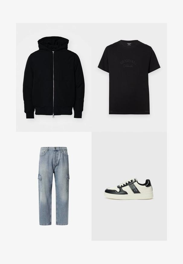 Melna kapucēta jaka ar priekšējo rāvējslēdzēju, kenguru kabatu, ribinātām aprocēm un apakšmalu, parādīta uz vienkārša balta fona.; Melnas kokvilnas T-krekls ar īsām piedurknēm un apaļu izgriezumu. Priekšpusē ir izceltas ar tonālām burtiem "ORIGINALS Studio".; Gaiši zili džinsu kravas bikses ar brīvu piegriezumu, līdz ceļiem garumu, divām sānu kabatām un pogu aizdari. Izplūduša tekstūra visā biksēs.; Ādas sporta apavi ar melnbaltu krāsu shēmu, ar perforētiem akcentiem, mīkstinātu apkakli un teksturētu zoli.