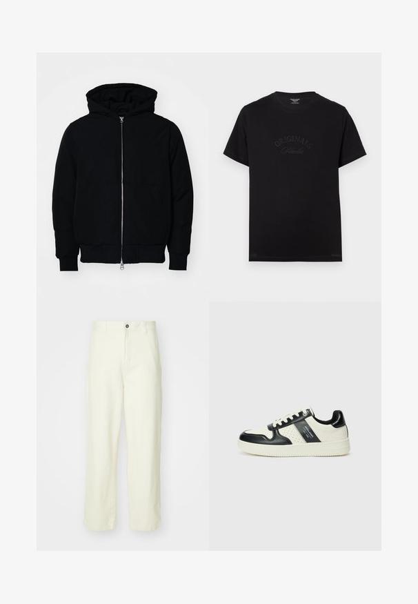 Fekete kapucnis dzseki elülső cipzárral, kenguruzsebbel, bordázott mandzsettákkal és aba, egy sima fehér háttér előtt.; Fekete pamut póló rövid ujjakkal és kerek nyakkivágással. Az elején tónusos betűkkel a "ORIGINALS Studio" felirat látható.; Világos sárga pamut nadrág, egyenes szabású, elől gombos záródással, övhurkokkal és letisztult, minimalista dizájnnal.; Fekete és krém színű bőrsneaker, perforált díszítésekkel, párnázott bokapánttal és texturált talppal.