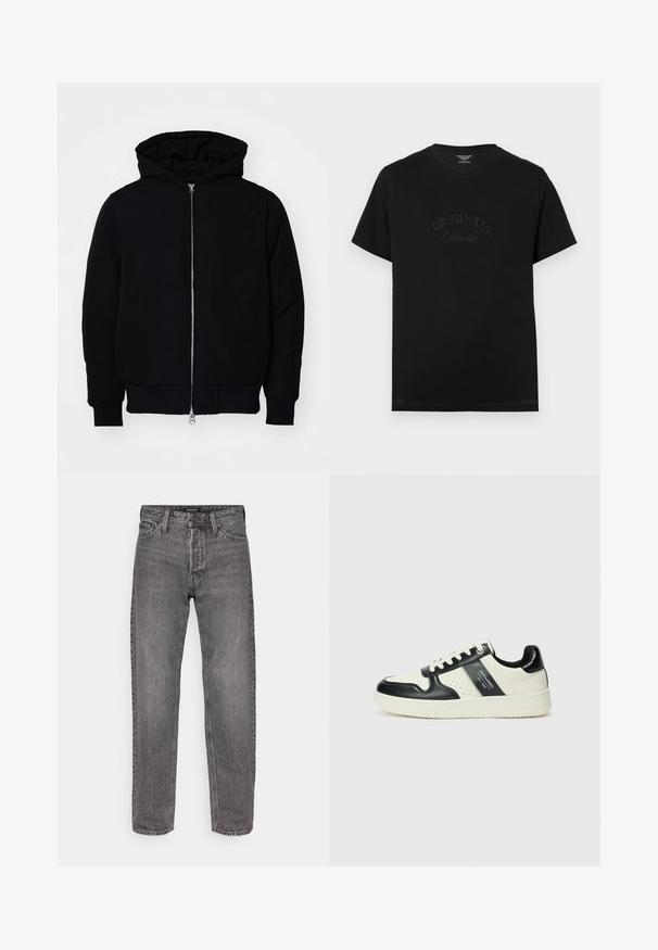 Fekete kapucnis dzseki elülső cipzárral, kenguruzsebbel, bordázott mandzsettákkal és aba, egy sima fehér háttér előtt.; Fekete pamut póló rövid ujjakkal és kerek nyakkivágással. Az elején tónusos betűkkel a "ORIGINALS Studio" felirat látható.; Szürke farmernadrág egyenes fazonnal, öt zsebbel és enyhén kopott textúrával. Jellemzője a márkázott derékrész és a szabványos fémalkatrészek.; Fekete és krém színű bőrsneaker, perforált díszítésekkel, párnázott bokapánttal és texturált talppal.