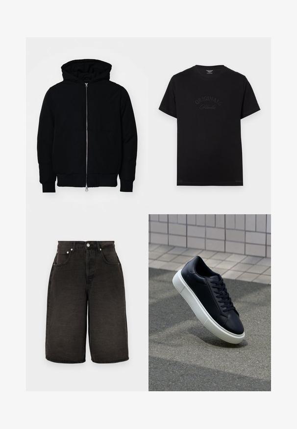 Mustaga kapuutsiga jakk, millel on esineed, kenguru tasku, soonikkoes, ja alläär, esitatud lihtsal valgel taustal.; Must t-särk lühikeste varrukatega ja ümmarguse kaelusega. Esiküljel on hõbedaselt kirjeldatud "ORIGINALS Studio".; Mustad denim-lühikesed püksid sirge lõikega, esikottide, tõmbluku ja tekstureeritud kangaga, millel on peened kortsud. Hõbedased metalldetailid.; Mustast nahast tennisetoss, millel on ümar nina ja valge kummist tall. Omab siredaid paelu ja minimaalset õmblemist ülemises osas. Tekstuuriga tald, mis tagab haakuvuse.