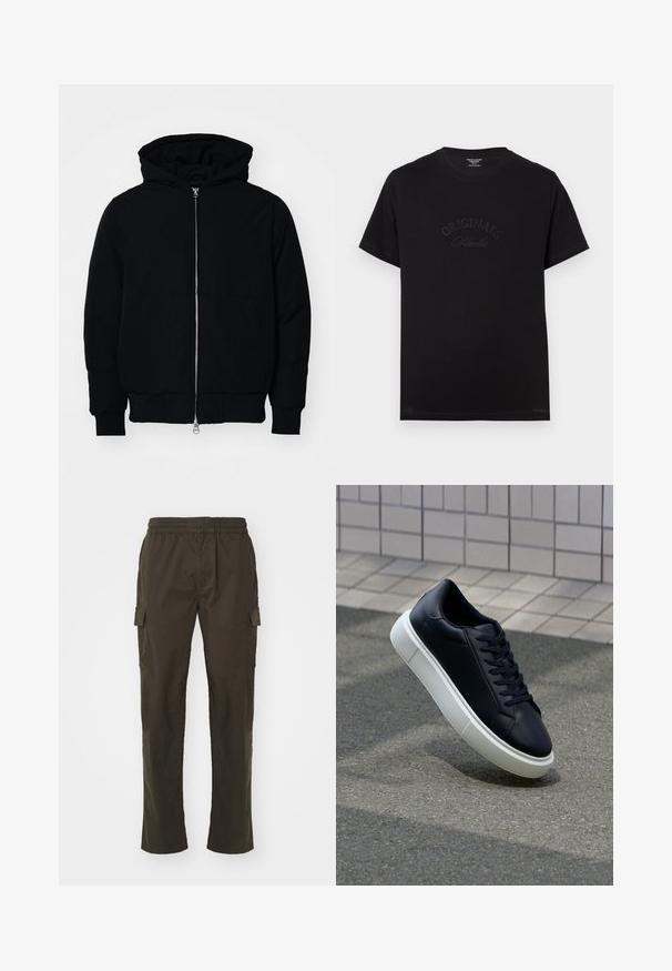 Mustaga kapuutsiga jakk, millel on esineed, kenguru tasku, soonikkoes, ja alläär, esitatud lihtsal valgel taustal.; Must t-särk lühikeste varrukatega ja ümmarguse kaelusega. Esiküljel on hõbedaselt kirjeldatud "ORIGINALS Studio".; Tumedoolivroheline cargo-püksid elastse vöökohtaga, nelja taskuga ja sirge lõikega. Valmistatud vastupidavast ja kergest kangast.; Mustast nahast tennisetoss, millel on ümar nina ja valge kummist tall. Omab siredaid paelu ja minimaalset õmblemist ülemises osas. Tekstuuriga tald, mis tagab haakuvuse.