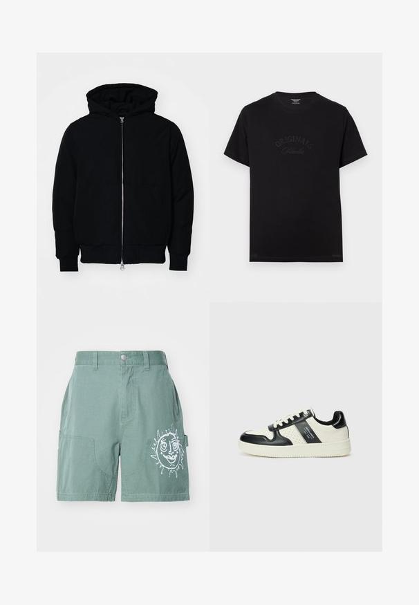 Schwarze Kapuzenjacke mit Frontreißverschluss, Kängurutasche, gerippten Bündchen und Saum, auf einem schlichten weißen Hintergrund präsentiert.; Schwarzes Baumwoll-T-Shirt mit kurzen Ärmeln und rundem Halsausschnitt. Auf der Vorderseite befindet sich der Schriftzug "ORIGINALS Studio" in eingeprägten, tonalen Buchstaben.; Grüne Baumwollshorts mit lockerer Passform, ausgestattet mit zwei Vordertaschen und einem weißen Sonnen-Graphic auf dem rechten Bein. Einfache Saumlinie, ohne Muster.; Leder-Sneaker in Schwarz- und Cremetönen, mit perforierten Akzenten, einem gepolsterten Kragen und einer strukturierten Laufsohle.