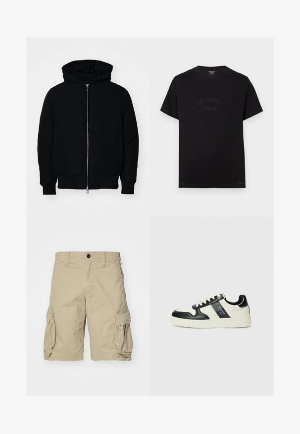 Mustaga kapuutsiga jakk, millel on esineed, kenguru tasku, soonikkoes, ja alläär, esitatud lihtsal valgel taustal.; Must t-särk lühikeste varrukatega ja ümmarguse kaelusega. Esiküljel on hõbedaselt kirjeldatud "ORIGINALS Studio".; Beezid cargo lühikesed püksid, mis on valmistatud puuvillakangast, küljetaskute, nup closure ja sirge lõikega disainiga. Sile tekstuur.; Nahatud nahkkingad musta ja kreemi värviskeemiga, millel on perforeeritud aktsendid, pehme krae ja tekstureeritud tallad.