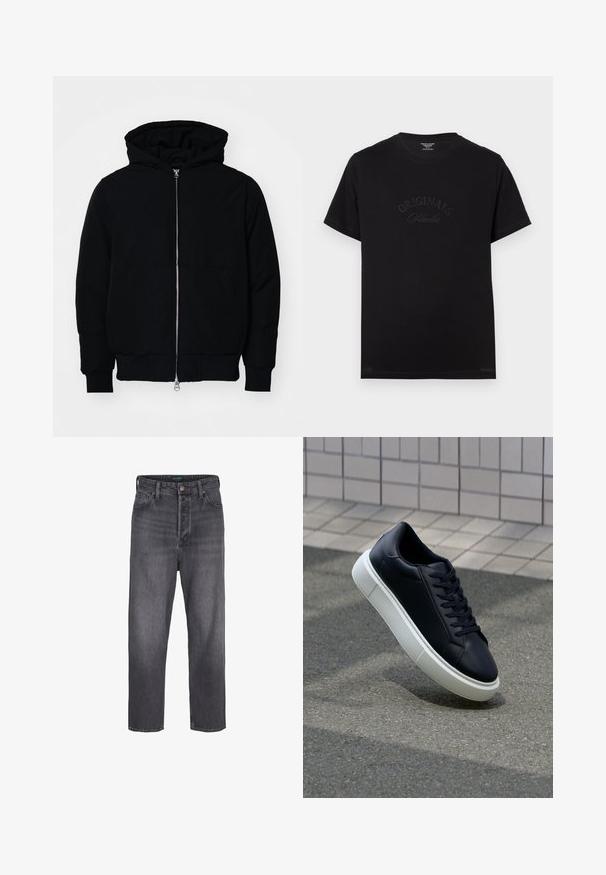 Black hooded jacket with front zipper, kangaroo pocket, ribbed cuffs, and hem, displayed on a plain white background.; Black cotton t-shirt with short sleeves and a round neckline. Features "ORIGINALS Studio" embossed in tonal lettering on the front.; Dark gray denim jeans with a straight leg design, high waist, five-pocket styling, and light fading. Metal button and zip fly closure.; Black leather sneaker with rounded toe and white rubber sole. Features flat laces and minimal stitching on the upper. Textured sole for grip.