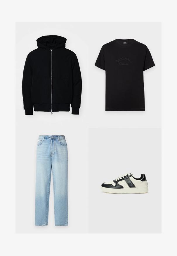 Svart hettejakke med frontglidelås, kengurulomme, ribbestrikket mansjetter og søm, vist på en ensfarget hvit bakgrunn.; Svart bomullst-skjorte med korte ermer og rund halslinning. Den har "ORIGINALS Studio" preget i tonede bokstaver foran.; Lys blå denim jeans med rett ben-design, falmet vask, tradisjonell femlomme-stil, og metallknapp i midjen.; Lædersneakers med sort og creme farveskema, der har perforerede detaljer, en polstret krave og en struktureret ydersål.