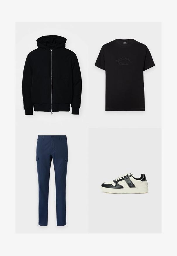 Crna kapuška jakna s prednjim zatvaračem, kenguru džepom, rebrastim manžetama i rubom, prikazana na običnoj bijeloj pozadini.; Crna pamučna majica s kratkim rukavima i okruglim izrezom. Na prednjoj strani se ističe natpis "ORIGINALS Studio" u toniranim slovima.; Mornarske cargo hlače od pamuka, s bočnim džepovima, kopčanjem na gumb, ravnim nogavicama i glatkom teksturom.; Kožne tenisice s crno-bijelom paletom boja, koje imaju perforirane akcentne detalje, podstavljeni ovratnik i teksturiranu potplat.