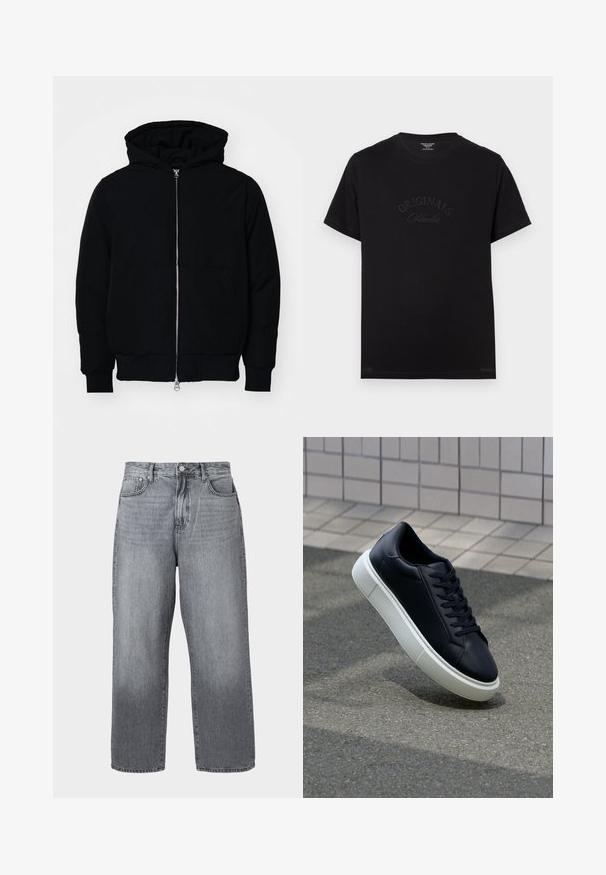 Black hooded jacket with front zipper, kangaroo pocket, ribbed cuffs, and hem, displayed on a plain white background.; Black cotton t-shirt with short sleeves and a round neckline. Features "ORIGINALS Studio" embossed in tonal lettering on the front.; Gray denim wide-leg jeans with a high waist, five-pocket design, and metal fastening. Fabric shows slight fading near the hem.; Black leather sneaker with rounded toe and white rubber sole. Features flat laces and minimal stitching on the upper. Textured sole for grip.