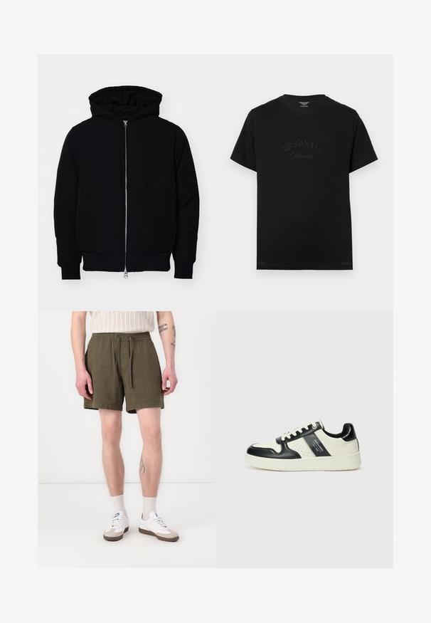 Veste à capuche noire avec fermeture éclair sur le devant, poche kangourou, poignets et ourlet côtelés, présentée sur un fond blanc uni.; T-shirt en coton noir à manches courtes et col rond. Présente "ORIGINALS Studio" embossé en lettres tonales sur le devant.; Shorts vert olive avec une taille élastique et un cordon de serrage, dotés de poches latérales et d'une coupe droite, fabriqués à partir d'un tissu léger.; Baskets en cuir avec un schéma de couleurs noir et crème, dotées d'accents perforés, d'un col rembourré et d'une semelle texturée.