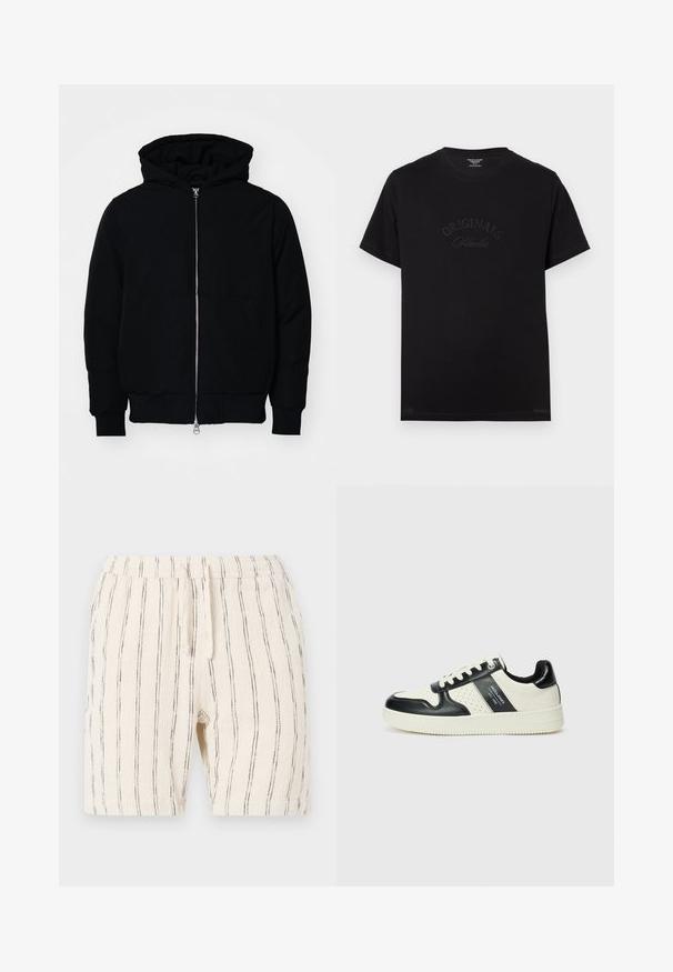 Giacca nera con cappuccio, dotata di zip frontale, tasca a marsupio, polsini e orlo a coste, esposta su uno sfondo bianco semplice.; T-shirt in cotone nero con maniche corte e scollatura rotonda. Presenta la scritta "ORIGINALS Studio" in rilievo con lettering tonale sul davanti.; Pantaloni corti beige con strisce nere verticali, dotati di una vita elastica con cordoncino, realizzati in un tessuto testurizzato.; Sneakers in pelle con una combinazione di colori nero e crema, dotati di dettagli perforati, collare imbottito e suola testurizzata.