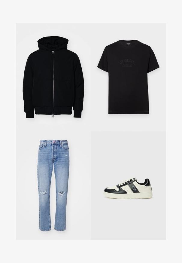Czarna kurtka z kapturem, z suwakiem z przodu, kieszenią kangurką, ściągaczami przy mankietach i dolnym brzegu, prezentowana na jednolitym białym tle.; Czarny bawełniany t-shirt z krótkim rękawem i okrągłym dekoltem. Na przedzie znajduje się wytłoczone napisy "ORIGINALS Studio" w tonacji kolorystycznej.; Jasnoniebieskie dżinsy o prostym kroju, z przetarciami na kolanach i zapięciem na guzik. Klasyczny pięcio-kieszeniowy krój.; Skórzane sneakersy w czarno-kremowym schemacie kolorystycznym, z perforowanymi akcentami, wyściełanym kołnierzem i teksturowaną podeszwą.
