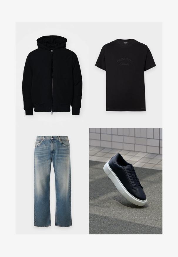 Svart huoodiejacka med framdragkedja, känguruficka, ribbade ärmslut och nederkant, uppställd mot en vit bakgrund.; Svart bomulls t-shirt med korta ärmar och rund halsringning. Har "ORIGINALS Studio" präglat i tonade bokstäver på framsidan.; Blå denimjeans med avslappnad passform och rak ben. Har ljusare tvättade accenter och klassisk femfickedesign med sömdekoration.; Svart lädersneaker med rundad tå och vit gummisula. Har platta snören och minimal sömnad på ovansidan. Texturerad sula för grepp.