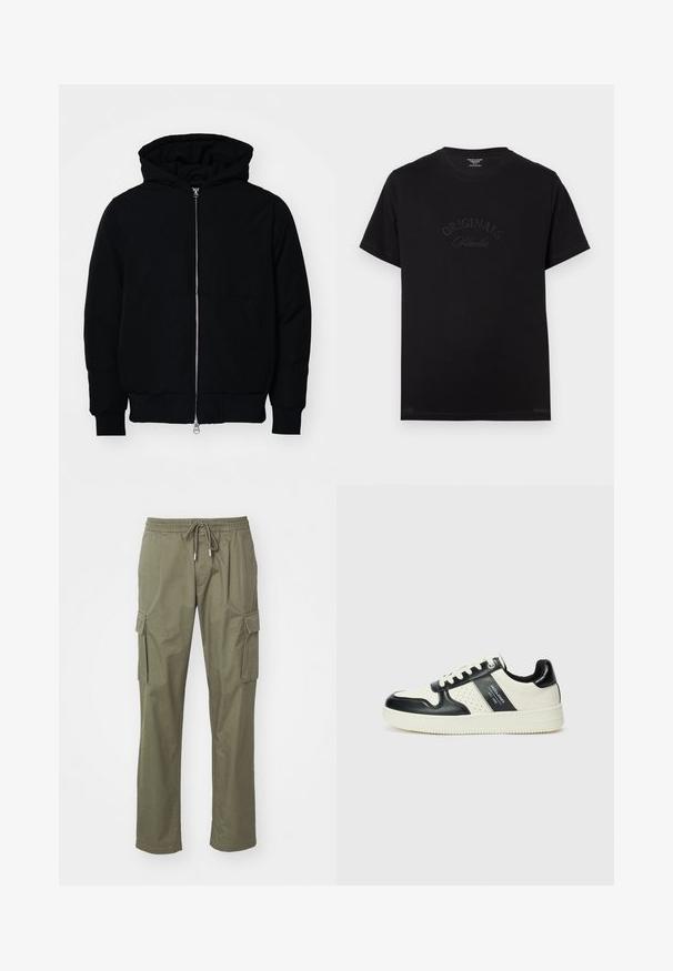 Black hooded jacket with front zipper, kangaroo pocket, ribbed cuffs, and hem, displayed on a plain white background.; Black cotton t-shirt with short sleeves and a round neckline. Features "ORIGINALS Studio" embossed in tonal lettering on the front.; Olive green cargo pants made of soft cotton fabric, featuring two side cargo pockets and an elastic waistband with a drawstring.; Leather sneakers with a black and cream color scheme, featuring perforated accents, a padded collar, and a textured outsole.