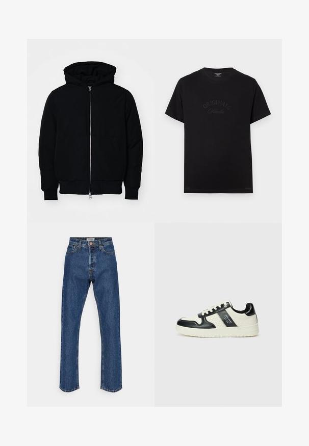 Fekete kapucnis dzseki elülső cipzárral, kenguruzsebbel, bordázott mandzsettákkal és aba, egy sima fehér háttér előtt.; Fekete pamut póló rövid ujjakkal és kerek nyakkivágással. Az elején tónusos betűkkel a "ORIGINALS Studio" felirat látható.; Sötétkék farmernadrág magas derékkal és egyenes szárakkal. Gombos záródással, öt zsebbel és kontrasztos varrással rendelkezik.; Fekete és krém színű bőrsneaker, perforált díszítésekkel, párnázott bokapánttal és texturált talppal.