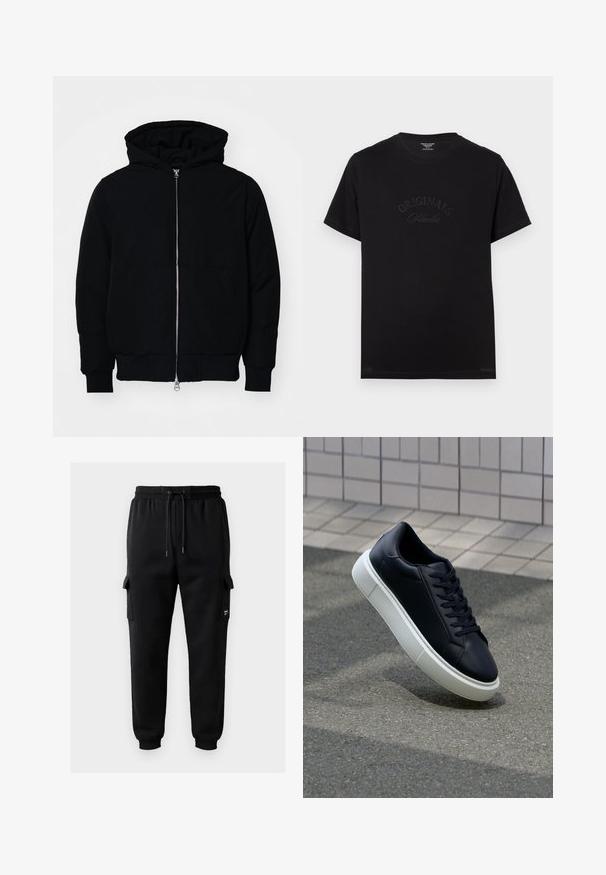 Črna kapuca jakna s sprednjim zadrgo, kenguru žepom, rebrastimi manšetami in hemom, razstavljena na enostavni beli ozadju.; Črna bombažna majica s kratkimi rokavi in okroglo izrezom. Na sprednjem delu je v tonečih črkami embosirano "ORIGINALS Studio".; Črne cargo hlače, narejene iz mehkega blaga, z elastičnim pasom in vrvico, stranskimi žepi in rebrastimi manšetami.; Črne usnjene superge z zaobljenim prstom in belim gumijastim podplat. Imajo ravne vezalke in minimalno šivanje na zgornjem delu. Teksturirani podplat za oprijem.