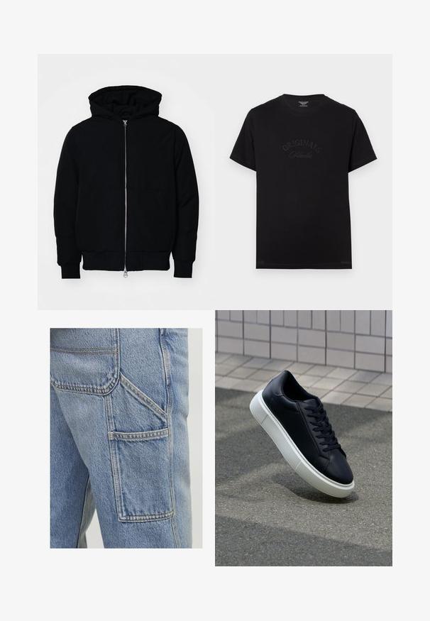 Black hooded jacket with front zipper, kangaroo pocket, ribbed cuffs, and hem, displayed on a plain white background.; Black cotton t-shirt with short sleeves and a round neckline. Features "ORIGINALS Studio" embossed in tonal lettering on the front.; Light blue denim cargo pants feature a large side pocket, subtle stitching accents, and a relaxed fit with a slightly textured finish.; Black leather sneaker with rounded toe and white rubber sole. Features flat laces and minimal stitching on the upper. Textured sole for grip.