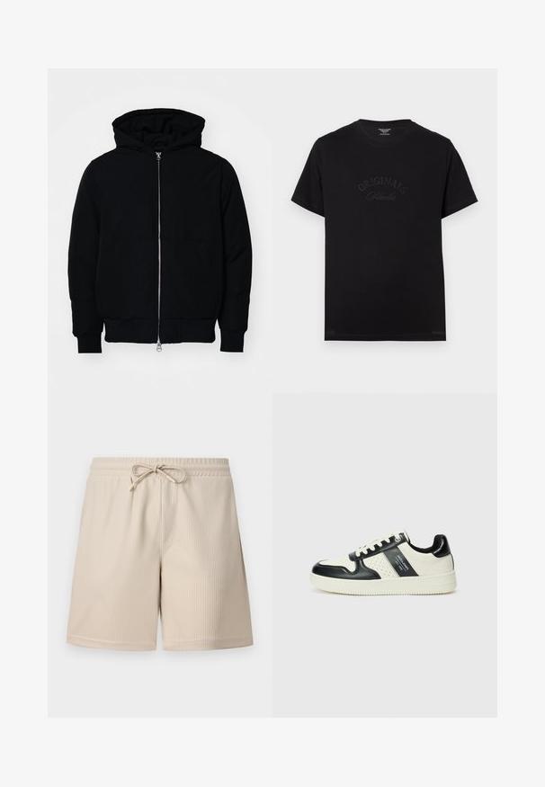Black hooded jacket with front zipper, kangaroo pocket, ribbed cuffs, and hem, displayed on a plain white background.; Black cotton t-shirt with short sleeves and a round neckline. Features "ORIGINALS Studio" embossed in tonal lettering on the front.; Beige shorts with a ribbed texture, drawstring waistband, and side pockets, showcasing a simple and functional design.; Leather sneakers with a black and cream color scheme, featuring perforated accents, a padded collar, and a textured outsole.