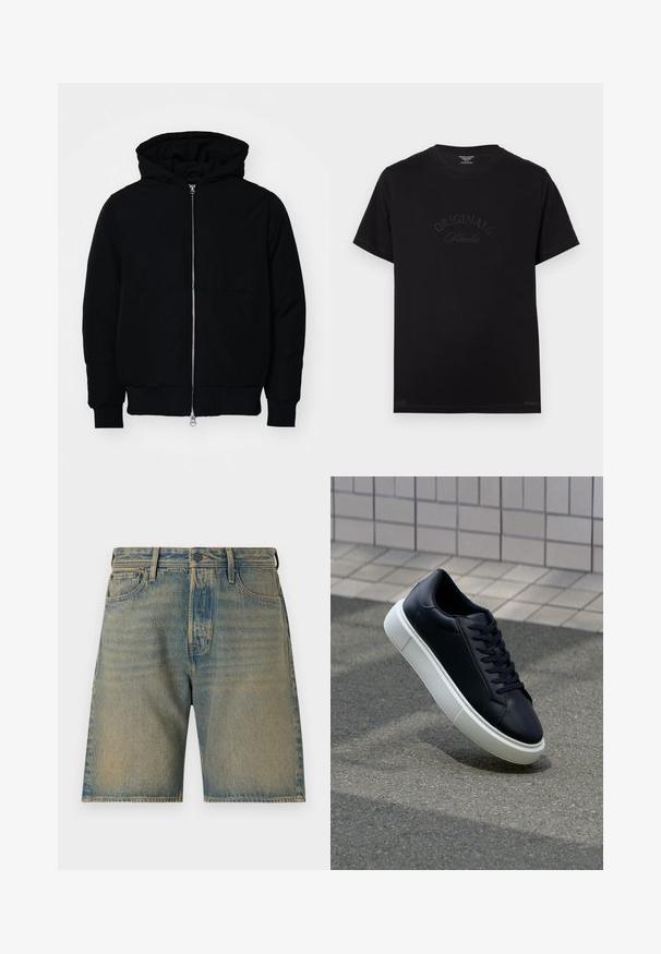 Svart hettejakke med frontglidelås, kengurulomme, ribbestrikket mansjetter og søm, vist på en ensfarget hvit bakgrunn.; Svart bomullst-skjorte med korte ermer og rund halslinning. Den har "ORIGINALS Studio" preget i tonede bokstaver foran.; Lette blå denim-shorts med en falmet vask. Inkluderer fem lommer, glidelås, knappelukking og solid søm langs kantene.; Sorte skinnsneakers med rund tå og hvit gummisåle. Har flate lisser og minimal søm på overdelen. Strukturert såle for grep.