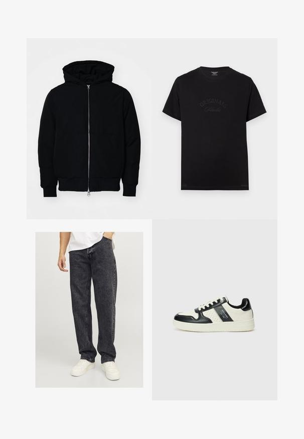 Svart hettejakke med frontglidelås, kengurulomme, ribbestrikket mansjetter og søm, vist på en ensfarget hvit bakgrunn.; Svart bomullst-skjorte med korte ermer og rund halslinning. Den har "ORIGINALS Studio" preget i tonede bokstaver foran.; Jack & Jones JJIEDDIE JJORIGINAL - Baggy jeans - black denim; Lædersneakers med sort og creme farveskema, der har perforerede detaljer, en polstret krave og en struktureret ydersål.
