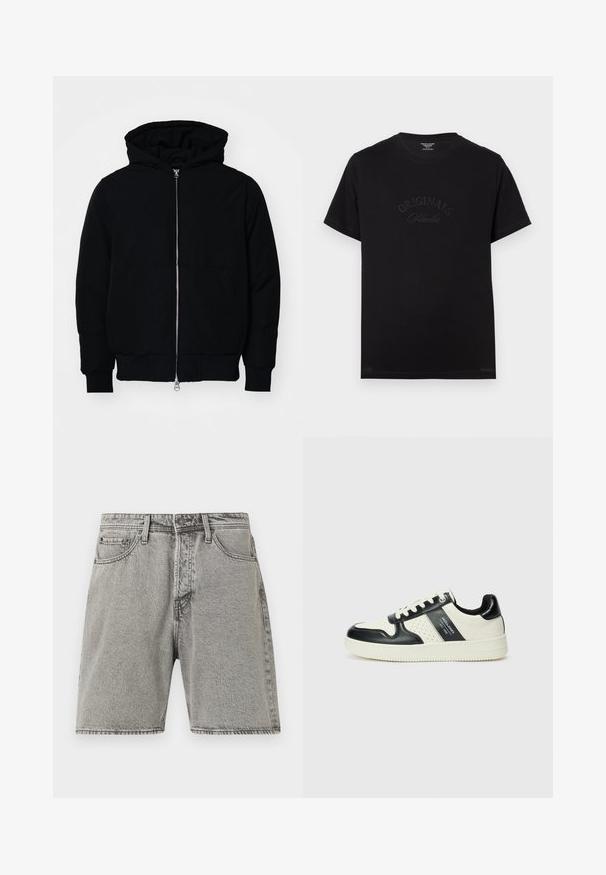 Jachetă neagră cu glugă, cu fermoar în față, buzunar tip kangaroo, mansete și tiv ribbed, prezentată pe un fundal alb simplu.; Tricou din bumbac negru, cu mâneci scurte și guler rotund. Prezintă inscripția "ORIGINALS Studio" debossată în tonuri pe partea din față.; Shorts din denim gri cu o croială clasică, cinci buzunare și cusături vizibile. Prezintă o închidere cu buton frontal și o textură ușor decolorată.; Tenisi din piele cu un scheme de culori negru și crem, dotati cu accente perforate, guler căptușit și o talpă texturată.