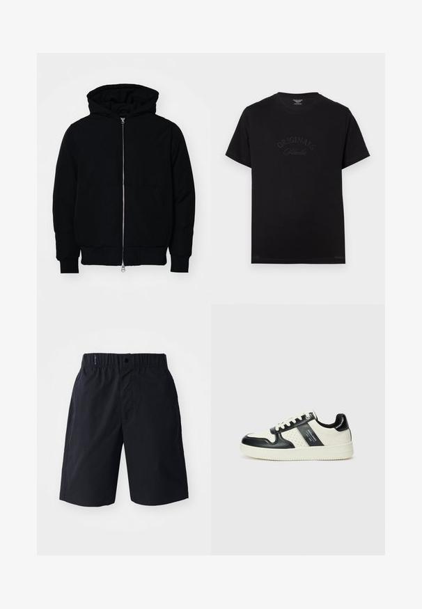 Black hooded jacket with front zipper, kangaroo pocket, ribbed cuffs, and hem, displayed on a plain white background.; Black cotton t-shirt with short sleeves and a round neckline. Features "ORIGINALS Studio" embossed in tonal lettering on the front.; Black shorts made of lightweight fabric, featuring a flat front, elastic waistband, and side pockets. Simple design with no patterns.; Leather sneakers with a black and cream color scheme, featuring perforated accents, a padded collar, and a textured outsole.