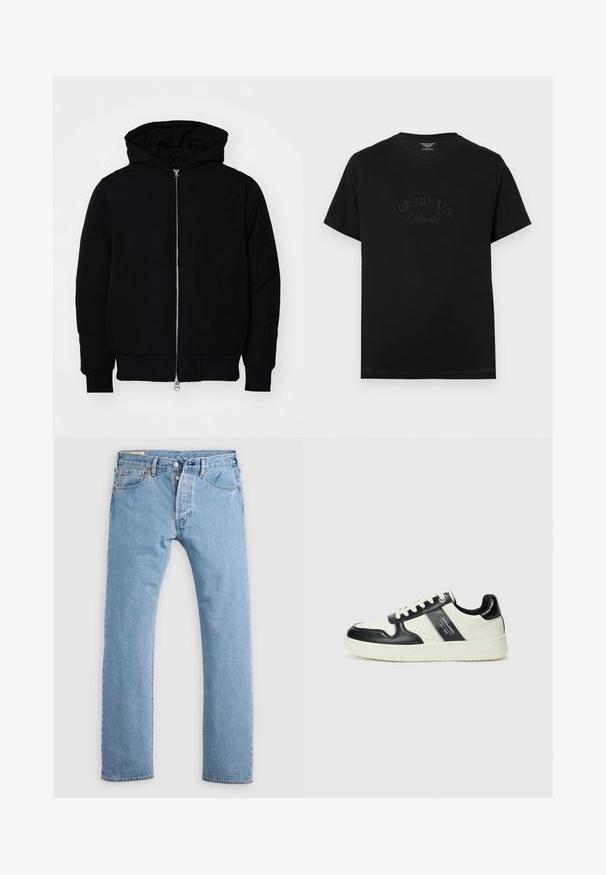 Fekete kapucnis dzseki elülső cipzárral, kenguruzsebbel, bordázott mandzsettákkal és aba, egy sima fehér háttér előtt.; Fekete pamut póló rövid ujjakkal és kerek nyakkivágással. Az elején tónusos betűkkel a "ORIGINALS Studio" felirat látható.; Világoskék, egyenes szabású farmernadrág gombos zárással, övhoroggal, elülső és hátsó zsebekkel, fehér háttér előtt.; Fekete és krém színű bőrsneaker, perforált díszítésekkel, párnázott bokapánttal és texturált talppal.