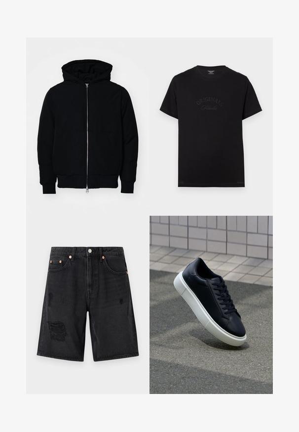 Zwarte hoodie met rits aan de voorkant, kangoeroe-pocket, geribbelde manchetten en zoom, weergegeven op een effen witte achtergrond.; Zwarte katoenen t-shirt met korte mouwen en een ronde hals. Kenmerkt zich door "ORIGINALS Studio" in ton-sur-ton letters op de voorkant.; Zwarte denim shorts met verwerkte details, vijf zakken en hardware in kopertint. De stof heeft een soepele textuur.; Zwarte leren sneaker met een ronde neus en een witte rubberen zool. Voorzien van platte veters en minimale stiksels op het bovenwerk. Textuurrijke zool voor grip.