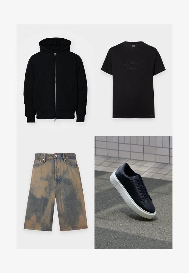 Černá kapucňová bunda s předním zipem, klokaní kapsou, vroubkovanými manžetami a spodním lemem, vystavená na čistém bílém pozadí.; Černé bavlněné tričko s krátkým rukávem a kulatým výstřihem. Na přední straně je vystouplý nápis "ORIGINALS Studio" v tonálním písmu.; Denimové šortky s vybledlým modro-bežovým batikovaným efektem, které mají klasický pětikapsový design a kovové detaily.; Černé kožené tenisky s kulatou špičkou a bílou gumovou podrážkou. mají ploché tkaničky a minimální šití na svršku. Texturovaná podrážka pro lepší přilnavost.
